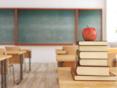 一个苹果在空荡荡的学校教室里看书。3d 渲染