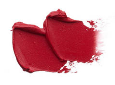 红色化妆涂片的哑光唇光泽隔离在白色背景。白色背景的红色奶油口红纹理隔离