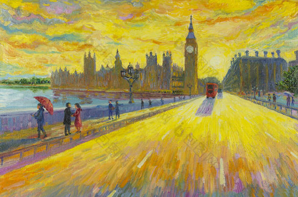 大本钟-在伦敦红色巴士传统的老在英国的街景视图。<strong>油画风景</strong>秀丽的人们, 旅游阳光明媚, 天际线背景。现代商业城市。世界地标.