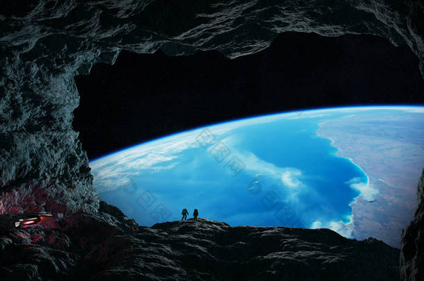 宇航员与<strong>太空飞船</strong>探索在太空小行星的洞穴3d 渲染元素的这幅图片由 Nasa 提供