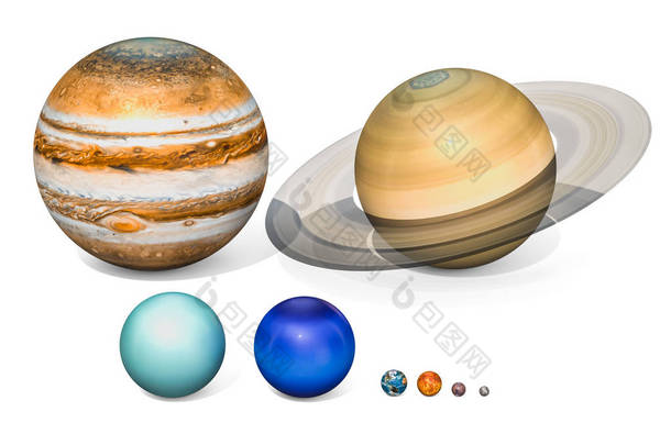 太阳系的行星。木星, 土星, 天王星, Neptuno, 地球, 金星, 火星, 水星。在白色背景上隔离3d 渲染