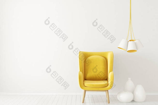 <strong>现代</strong>客厅与黄色扶手椅和灯, 斯堪的纳维亚室内设计<strong>家具</strong>