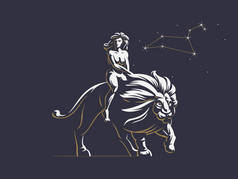 星座狮子座的标志一个女人在骑狮子矢量插图