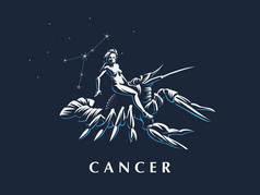 星座癌症的标志。骑着小龙虾的女人. 