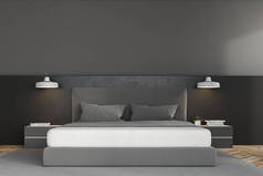 豪华卧室的前景色, 灰色的墙壁, 混凝土地板与地毯, 阁楼窗口和主床与床头表。3d 渲染模拟