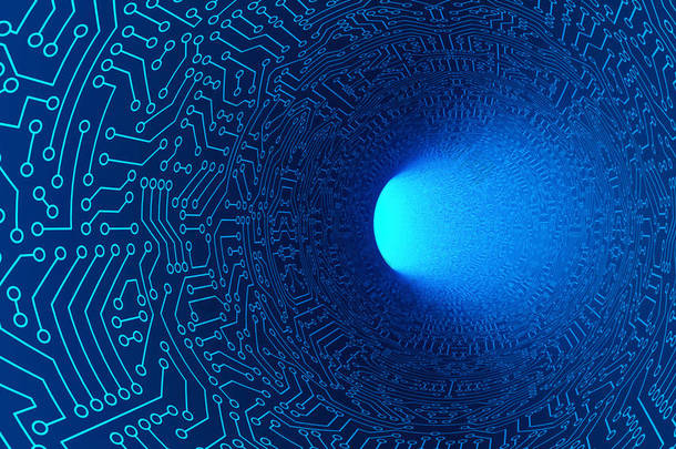 蓝色隧道在高速公路与电路板图案纹理。高科技背景下的数字计算机技术理念, 走向光明。3d 抽象插图