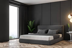 豪华阁楼卧室的一角, 带有灰色的面板墙, 一层木地板和一张带灰色盖子的双人床。3d 渲染复制空间