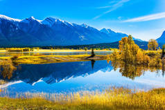 梦幻般的亚伯拉罕湖的水反映了山脉和树木。阳光明媚的秋日在加拿大落基山脉。生态与活跃旅游的概念