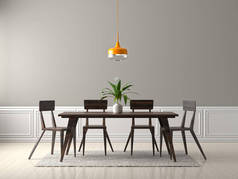 宽敞的用餐室配有木制桌椅。3d 插图