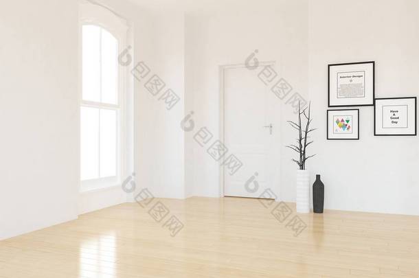 在木地板上有花瓶的空斯堪的纳维亚房间内部的想法。家北欧内饰。3d 插图 