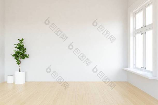 一个白色的空斯堪的纳维亚房间内部与植物在木地板的想法。家北欧内饰。3d 例证-例证