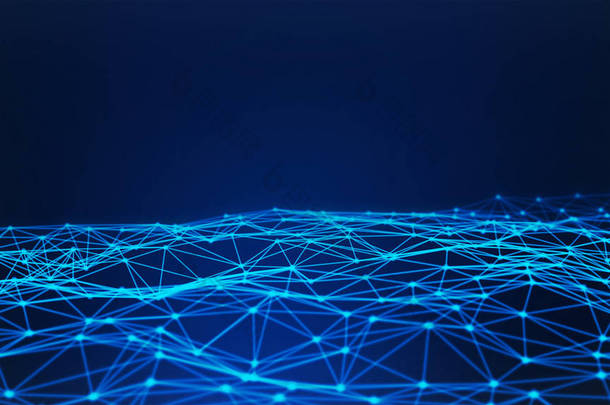 蓝色数字数据和网络连接三角线和球体在未来主义技术概念在蓝色背景, 3d 抽象例证
