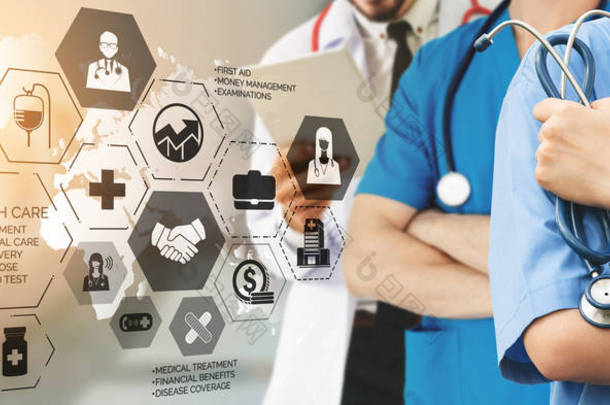健康保险概念-医院医生与健康保险相关的图标图形界面, 显示保健人员、资金规划、<strong>风险</strong>管理、医疗和保险福利.