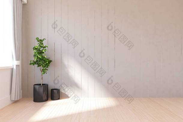 空荡荡的斯堪的纳维亚房间内部的想法与植物在木地板上。家北欧内饰。3d 例证-例证