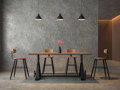 阁楼风格的餐厅, 抛光杯3d 渲染, 装饰木制和金属家具, 装饰墙与木格.