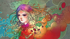 美丽的女孩的肖像在五颜六色的烟雾与动漫风格, 插图画