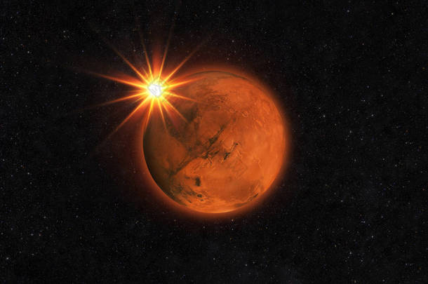 红色的火星, 在星空上有太阳光线。阳光下的火星