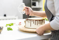 糖果师将水果袋中的液体巧克力挤压到木制支架上的白色奶油饼干蛋糕上。自制糕点、烹饪蛋糕的概念.