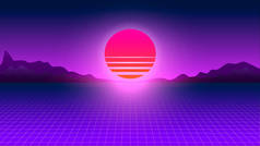 复古波日落。透视网格。未来网络朋克霓虹灯数字背景的设计。复古视频游戏，合成波，未来主义设计，狂欢音乐，80年代-90年代计算机图形和科幻概念