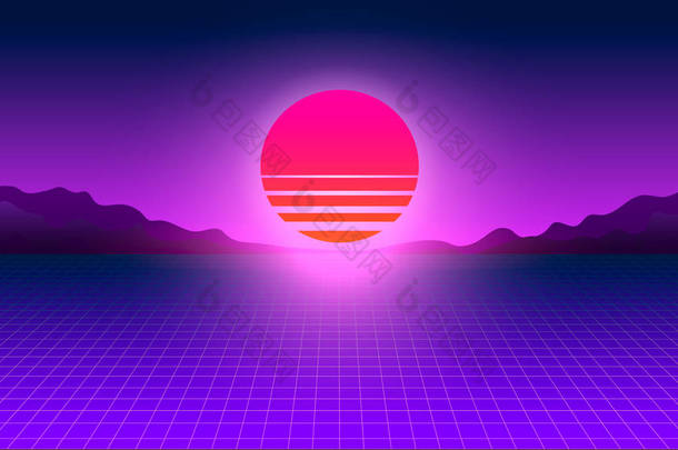 复古波日落。透视网格。未来网络朋克霓虹灯数字背景的设计。复古视频游戏，合成波，未来主义设计，狂欢音乐，80年代-90年代计算机图形和科幻概念