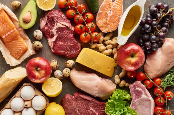 各种肉类、家禽、<strong>鱼类</strong>、鸡蛋、水果、蔬菜、奶酪、橄榄油和面包的顶视图