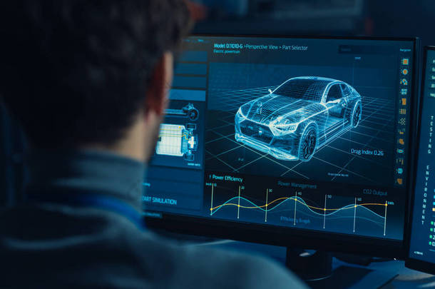 专业<strong>汽车平面</strong>设计师正在开发 3d Cad 软件渲染电动概念车，并在具有原型的高科技创新实验室中计算其效率.