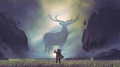 男子与一个神奇的灯笼面对巨鹿在一个神秘的山谷，数字艺术风格，插图绘画