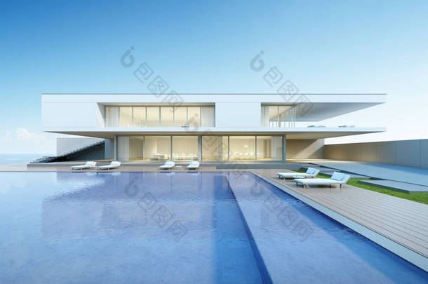 现代豪宅的建筑设计，别墅有木质露台和游泳池的海景背景，<strong>外观</strong>概念。3d 渲染.