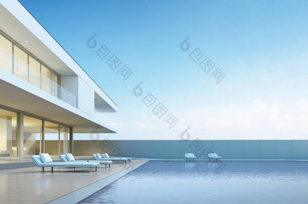 现代豪宅的建筑设计，别墅有木质<strong>露台</strong>和游泳池的海景背景，外观概念。3d 渲染.