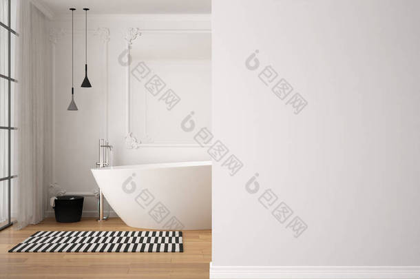 最小的豪华浴室，有浴缸，地毯，镜子和吊灯在前景墙上，室内设计建筑理念，概念与复制空间，空白背景