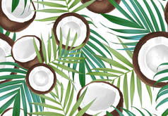 用椰子制成的病媒无缝图案。 热带背景，水果异国情调。 夏季示例