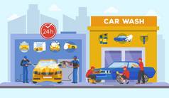 Car wash center full service day and night vector illustration. Men in uniform washing auto with soa