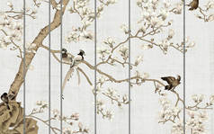 淡淡的背景，树上的白色木兰花和鸟儿
