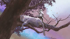小女孩带着魔法矛站在她的老虎旁边的一棵大树上，数码艺术风格，绘画插图