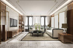 以中国风格装饰奢华的现代客厅