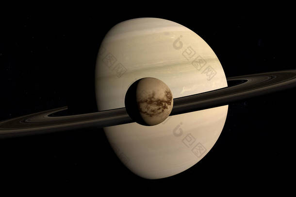 土卫六,土星卫星,围绕土星行星旋转和运行.3D渲染