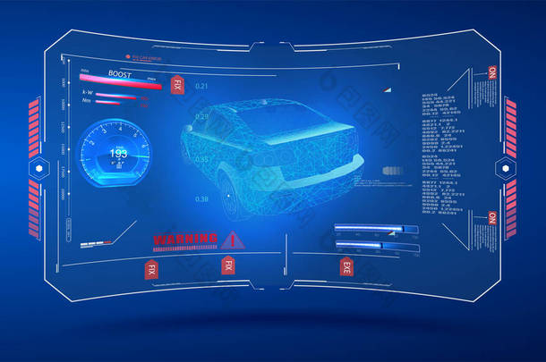 全息图车未来派汽车风格低矮,线框<strong>线型</strong>.提供HUD风格的汽车服务，车载信息图，HUD 、 UI 、 GUI风格的分析和诊断，面向未来的用户界面