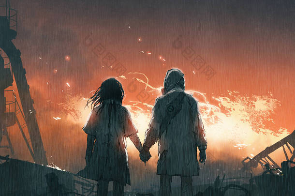 我们会一起度过难关，情侣们<strong>手牵手</strong>看着雨夜的火焰，数字艺术风格，插图绘画