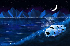 海滨月光下的七只小羊.蓝色夜色的图解.