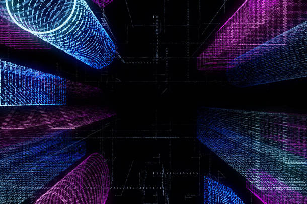 <strong>计算机</strong>系统内抽象虚拟城市的三维绘制.全息3D大数据数字城市。具有二进制编码粒子网络的数字建筑