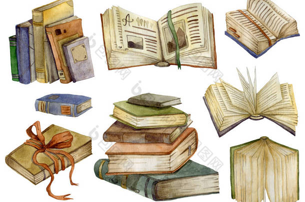水彩图书集。打开<strong>书本</strong>和一堆书。教育和知识概念。白色背景上的孤立物体。<strong>手绘</strong>插图