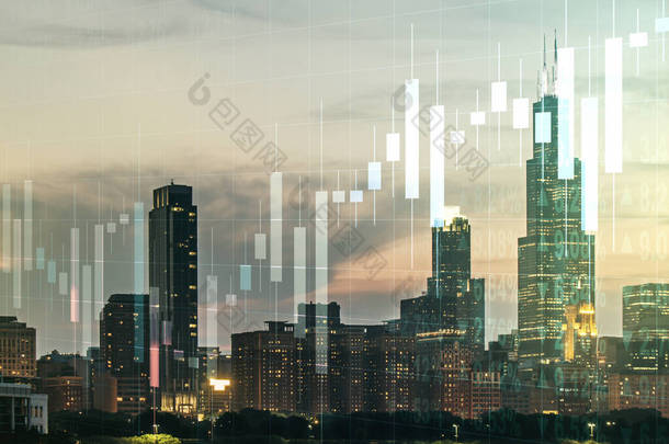 在芝加哥天际线背景、外汇和投资概念上的虚拟财务图全息图。多重接触