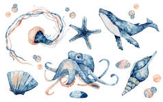 一组海洋动物。蓝色水彩鱼，美杜莎，鲸鱼，海马，章鱼.