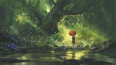 神秘女人，带着雨伞站在森林里，数码艺术风格，插图绘画