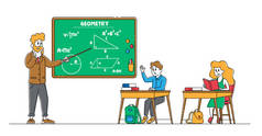 学生们坐在教室的课桌前学习。学生在课堂上举手回答课上的问题。儿童角色获得知识和教育。直线人传病媒介说明