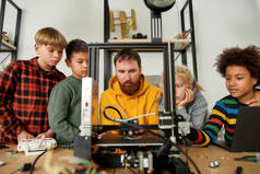 体验数码创新。一组聪明的孩子一边听他们的男老师讲话，一边在机器人学校的课堂上看3D打印机和塑料细节原型