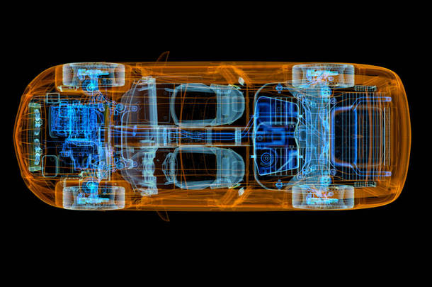 具有X射线效果的SUV汽车的三维技术说明。顶部视图。发动机，车轮和内部。<strong>黑色背景</strong>.