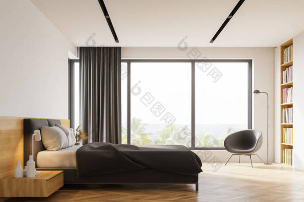 现代斯堪的纳维亚风格的卧室侧视图，白色和木制墙壁，木制地板，灰色的国王尺寸的床，舒适的扶手椅和书架。乌黑的热带景色.3d渲染