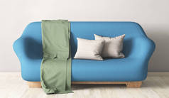 蓝色沙发，带有沙发、灰色枕头和绿色格子布的现代客厅室内设计，3D渲染