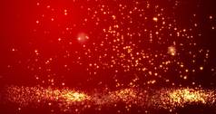 中国农历新年的红色质感上闪烁着金色的五彩纸屑.